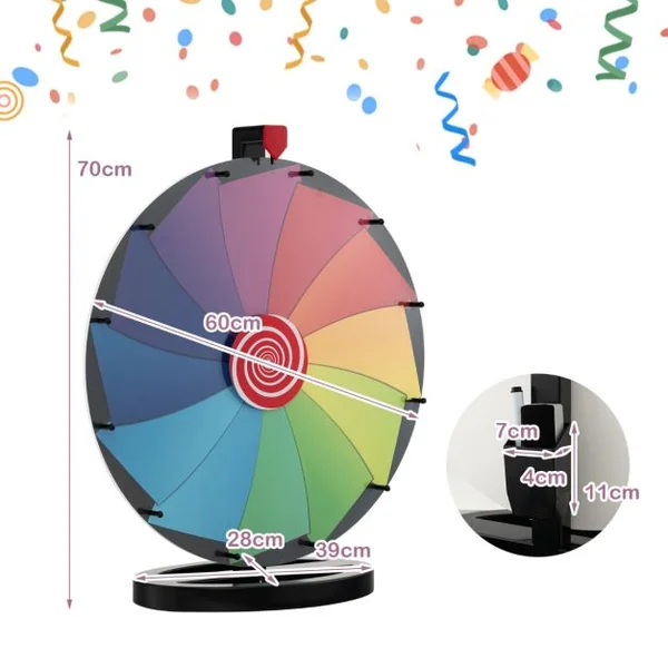 Roue de la Fortune 60cm sur Pied avec 12 Slots Jeu de Fortune avec Boîte de Rangement Marqueur Effaçable et Effaceur