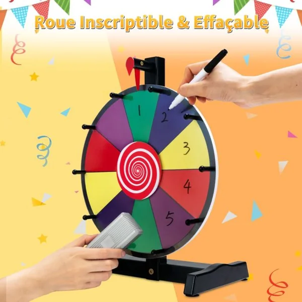Roue de la Fortune Dia.30 cm - 10 Emplacements Prize Wheel avec Marqueur Effaceur Base Antidérapante
