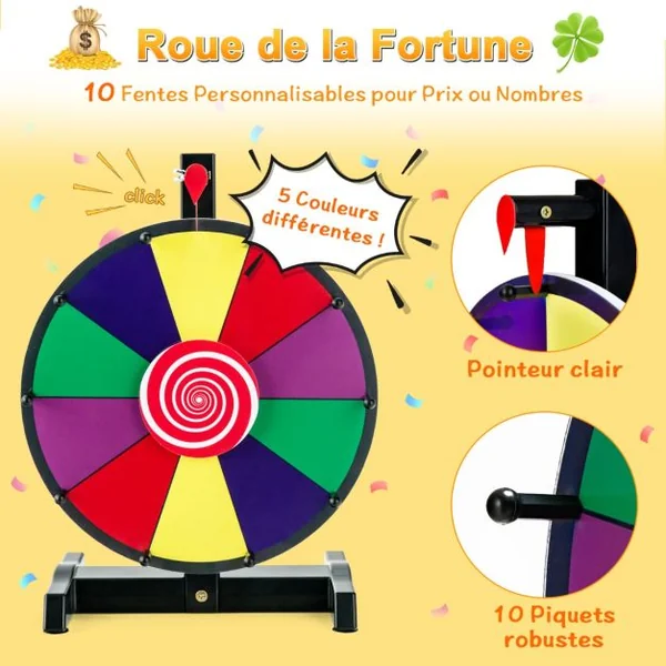 Roue de la Fortune Dia.30 cm - 10 Emplacements Prize Wheel avec Marqueur Effaceur Base Antidérapante