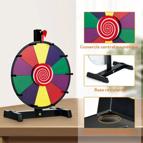 Roue de la Fortune Dia.30 cm - 10 Emplacements Prize Wheel avec Marqueur Effaceur Base Antidérapante
