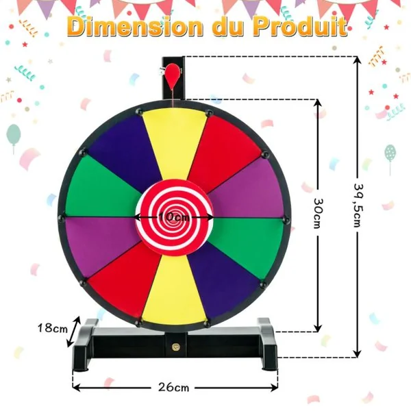 Roue de la Fortune Dia.30 cm - 10 Emplacements Prize Wheel avec Marqueur Effaceur Base Antidérapante