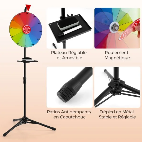 Roue de Prix de 40cm avec Trépied Pliable Réglable en Hauteur avec Plateau Marqueur Effaçable à Sec et Effaceur Roue à 12 Emplacements