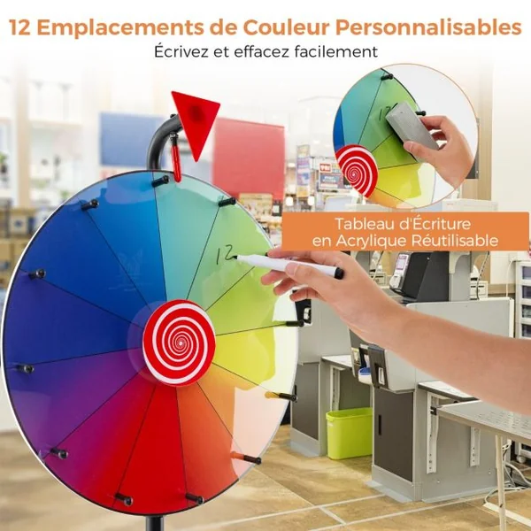 Roue de Prix de 40cm avec Trépied Pliable Réglable en Hauteur avec Plateau Marqueur Effaçable à Sec et Effaceur Roue à 12 Emplacements