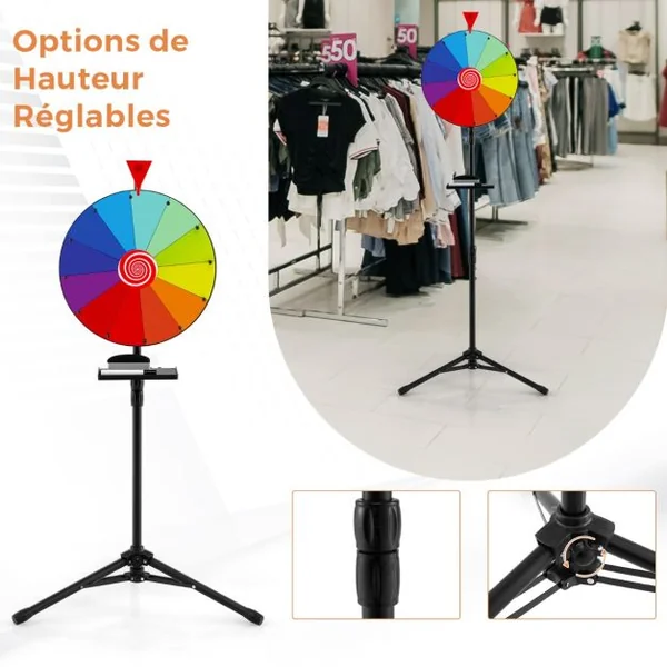 Roue de Prix de 40cm avec Trépied Pliable Réglable en Hauteur avec Plateau Marqueur Effaçable à Sec et Effaceur Roue à 12 Emplacements