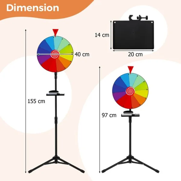 Roue de Prix de 40cm avec Trépied Pliable Réglable en Hauteur avec Plateau Marqueur Effaçable à Sec et Effaceur Roue à 12 Emplacements