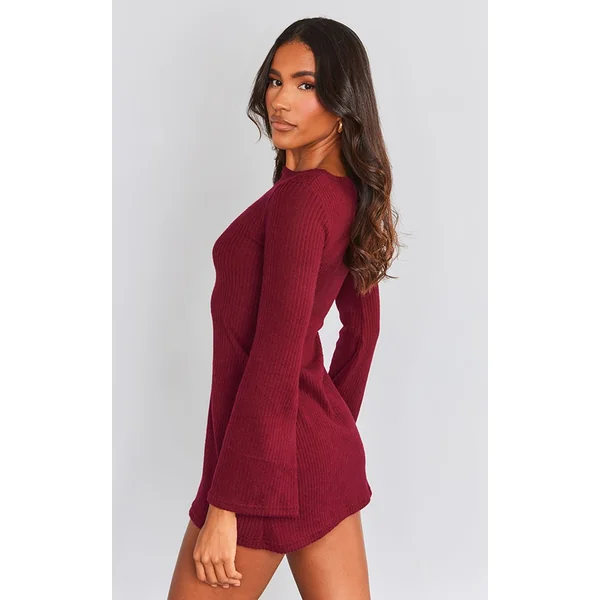 Rouge Cerise Robe Droite Côtelée Brossée À Manches Évasées