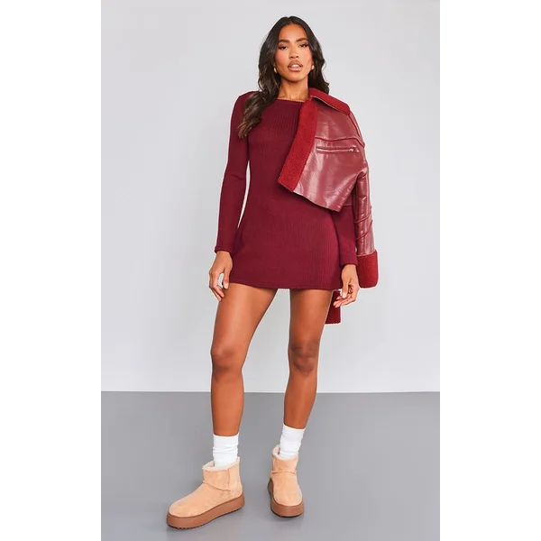 Rouge Cerise Robe Droite Côtelée Brossée À Manches Évasées
