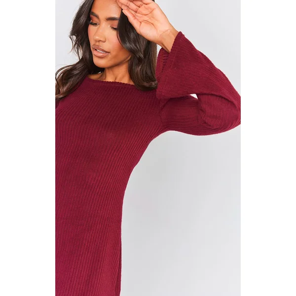 Rouge Cerise Robe Droite Côtelée Brossée À Manches Évasées
