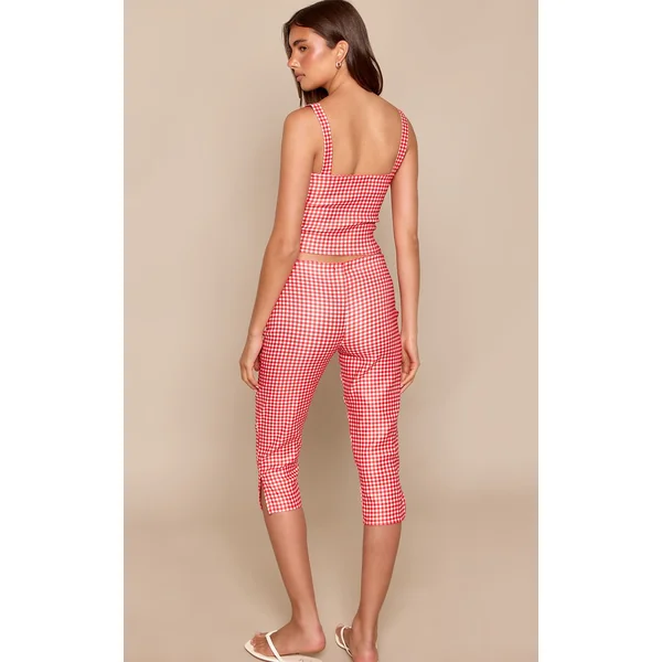 Rouge Ensemble Coordonné Pantalon Capri Imprimé Vichy