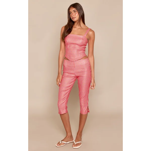 Rouge Ensemble Coordonné Pantalon Capri Imprimé Vichy