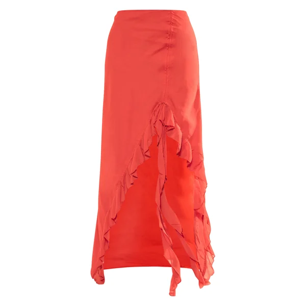 Rouge Jupe Longue Froncée En Mousseline À Volants