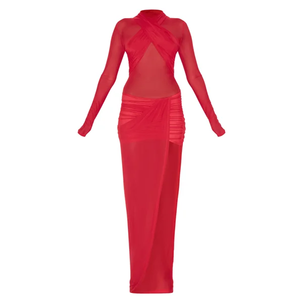 Rouge Robe Longue En Mesh Avec Détail Croisé Au Buste Et Jupe Froncée