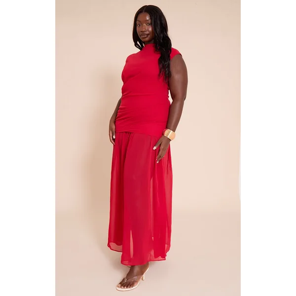 Rouge Robe Longue Grande Taille En Mousseline Chocolat Froncée Sans Manches Taille Basse