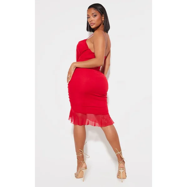 Rouge Robe Mi-longue Moulante En Mesh Avec Col Bénitier Et Détails Froncés
