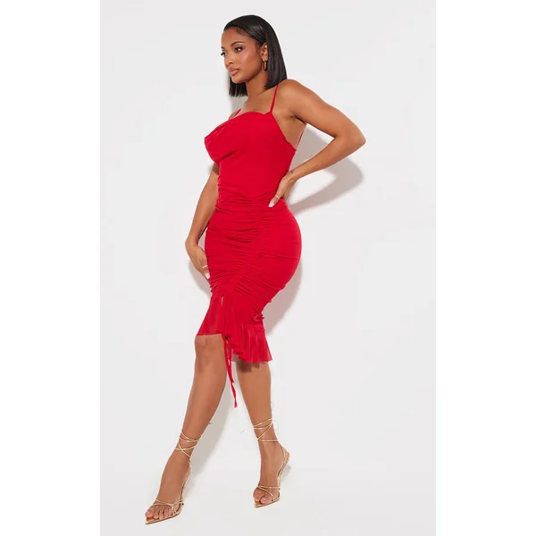 Rouge Robe Mi-longue Moulante En Mesh Avec Col Bénitier Et Détails Froncés