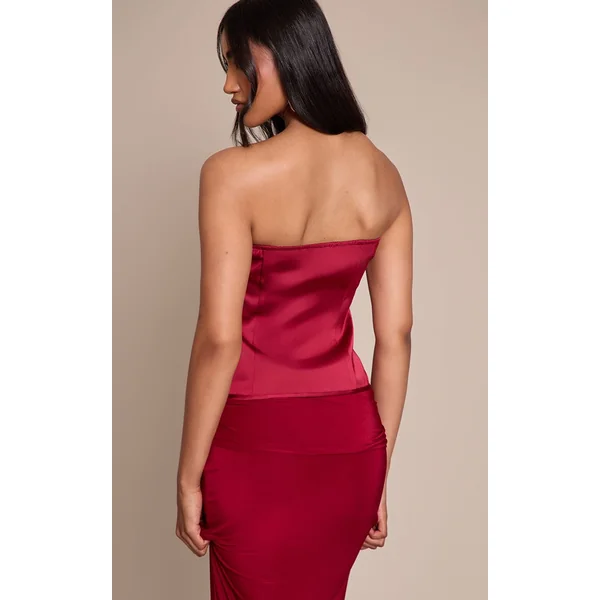 Rouge Vin Corset Bustier Satiné À Baleines