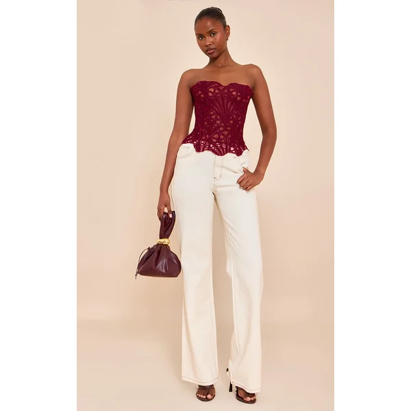 Rouge Vin Corset En Dentelle Florale Transparente Texturée