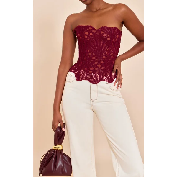 Rouge Vin Corset En Dentelle Florale Transparente Texturée