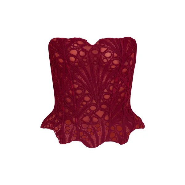 Rouge Vin Corset En Dentelle Florale Transparente Texturée