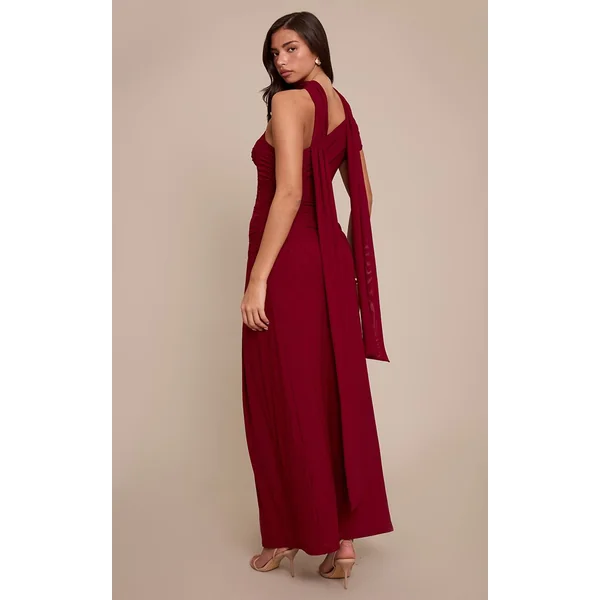 Rouge Vin Robe Longue Froncée À Détail Foulard En Mesh