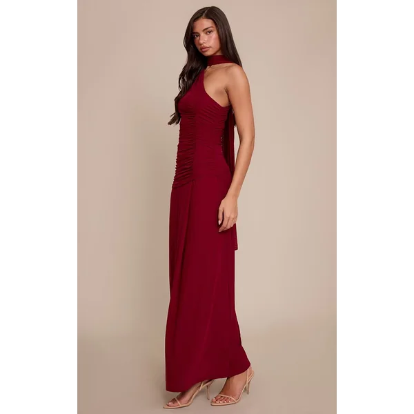 Rouge Vin Robe Longue Froncée À Détail Foulard En Mesh