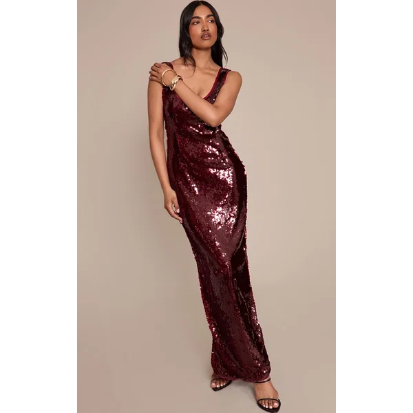 Rouge Vin Robe Longue Moulante À Encolure Arrondie Et Sequins Sans Manches