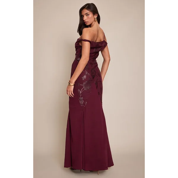Rouge Vin Robe Maxi À Godets Et Encolure Bardot Texturée