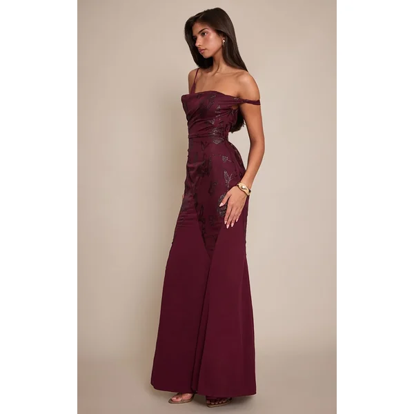 Rouge Vin Robe Maxi À Godets Et Encolure Bardot Texturée