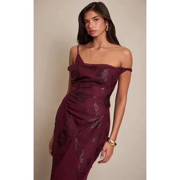 Rouge Vin Robe Maxi À Godets Et Encolure Bardot Texturée
