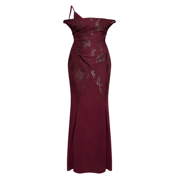 Rouge Vin Robe Maxi À Godets Et Encolure Bardot Texturée
