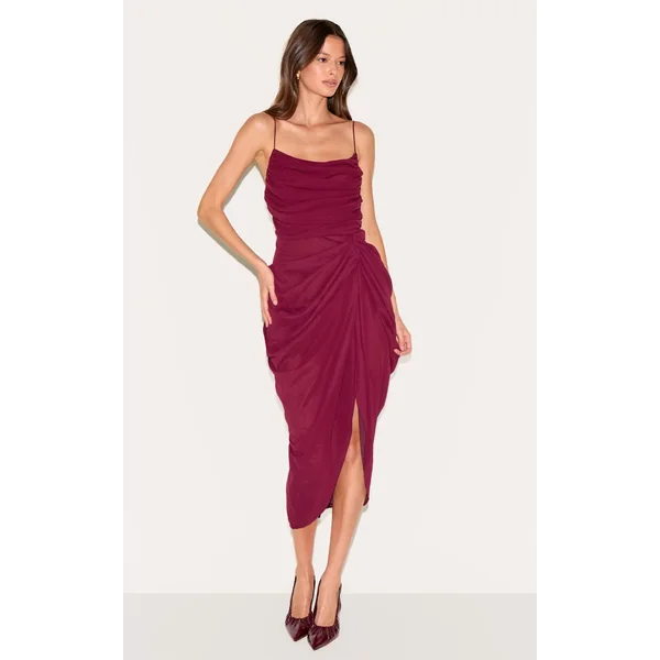 Rouge Vin Robe Midi Drapée Froncée En Mousseline