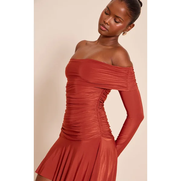 Rouille Robe Mini Bardot À Manches Longues Double Épaisseur En Tissu Slinky