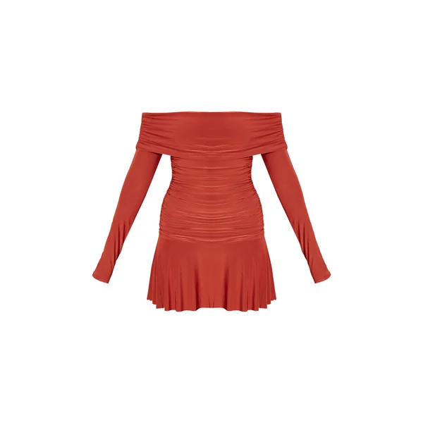 Rouille Robe Mini Bardot À Manches Longues Double Épaisseur En Tissu Slinky
