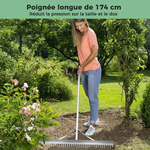 Râteau de Jardin en Aluminium avec Large Tête de 91 cm Rateau de Paysage avec Manche de 174 cm Outils de Jardin pour Bord du Lac Étang et Plage