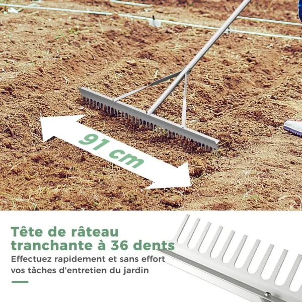 Râteau de Jardin en Aluminium avec Large Tête de 91 cm Rateau de Paysage avec Manche de 174 cm Outils de Jardin pour Bord du Lac Étang et Plage