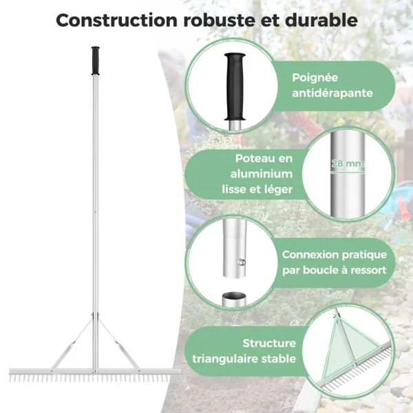 Râteau de Jardin en Aluminium avec Large Tête de 91 cm Rateau de Paysage avec Manche de 174 cm Outils de Jardin pour Bord du Lac Étang et Plage