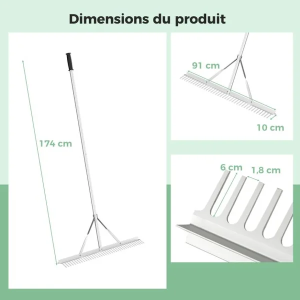 Râteau de Jardin en Aluminium avec Large Tête de 91 cm Rateau de Paysage avec Manche de 174 cm Outils de Jardin pour Bord du Lac Étang et Plage