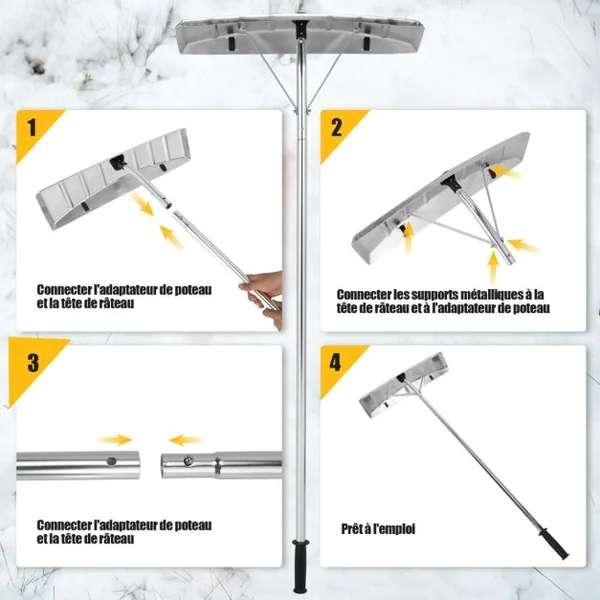 Râteau de Toit à Neige Extensible 1,50-6 m Déneigement de Toit en Aluminium avec Lame 63 cm 1 Tige de Manipulation et 4 Extensibles 2 Rouleaux