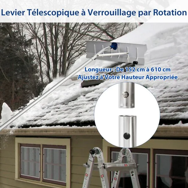 Râteau de Toit à Neige Extensible 160-610CM Déneigement de Toit en Aluminium avec Lame 66 cm 5 Sections Poignée Antidérapante et 2 Rouleaux