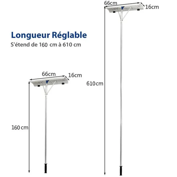 Râteau de Toit à Neige Extensible 160-610CM Déneigement de Toit en Aluminium avec Lame 66 cm 5 Sections Poignée Antidérapante et 2 Rouleaux