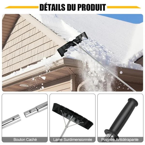 Râteau de Toit à Neige Réglable Déneigement de Toit Râteau à Neige en Aluminium avec Lame 40 cm de Largeur Manche Antidérapante en TPE