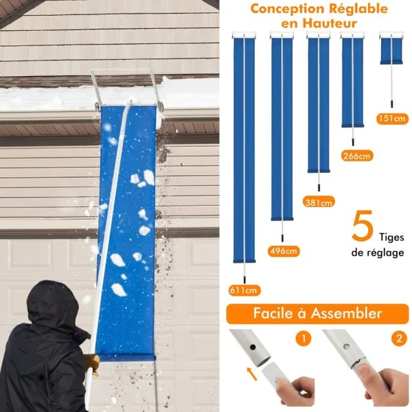 Râteau à Neige pour Toit avec 4 Tiges D'extension 151-611 CM Déneigement de Toit en Aluminium pour Maison Véhicule Garage