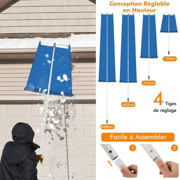 Râteau à Neige pour Toit avec 4 Tiges d'Extension 170-608 cm Déneigement de Toit en Aluminium pour Maison Véhicule