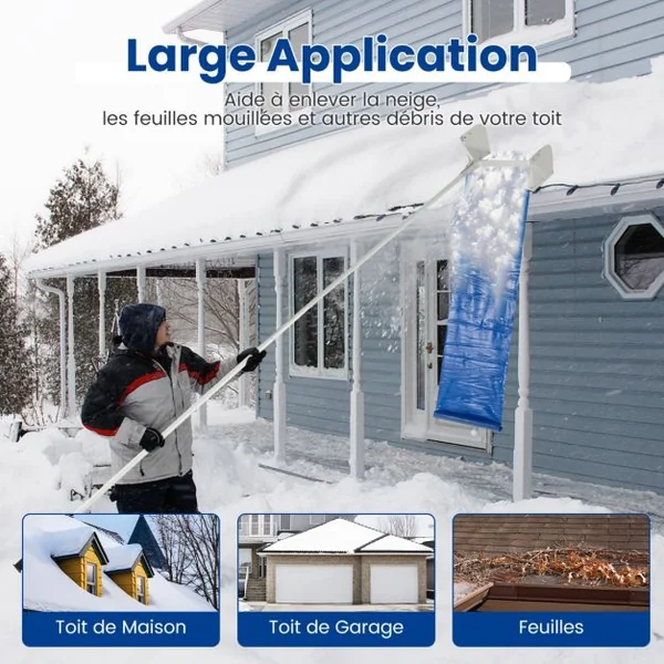 Râteau à Neige pour Toit avec 4 Tiges Longueur Max de 624 cm Déneigement de Toit en Aluminium pour Maison Véhicule Garage