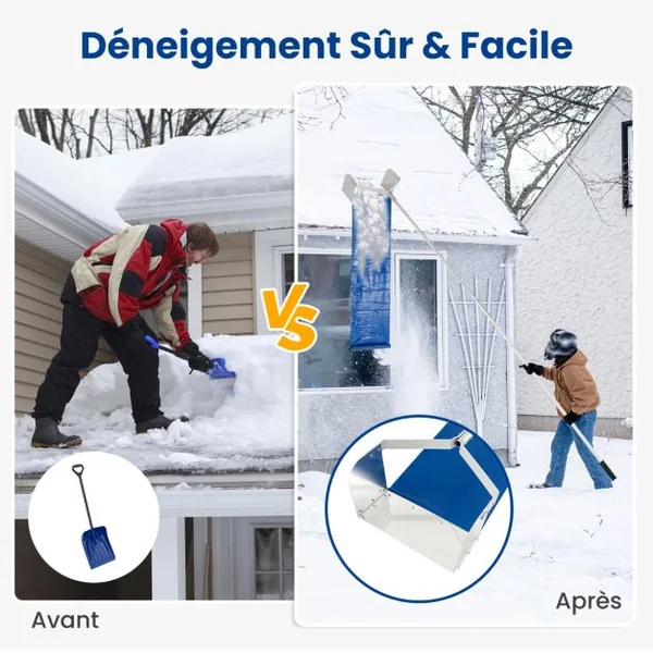 Râteau à Neige pour Toit avec 4 Tiges Longueur Max de 624 cm Déneigement de Toit en Aluminium pour Maison Véhicule Garage