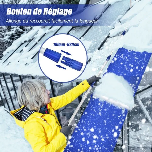 Râteau à Neige pour Toit en Aluminium Déneigement de Toit Poignée Extensible et Antidérapante Coupe pour Enlever la Neige Feuilles Mortes Branches