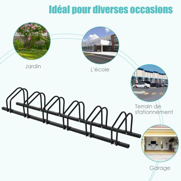 Râtelier pour 6 Vélo en Acier Revêtu Fixation au Sol ou au Mur pour Extérieur et Intérieur 180 x 32,5 x 26CM Argent