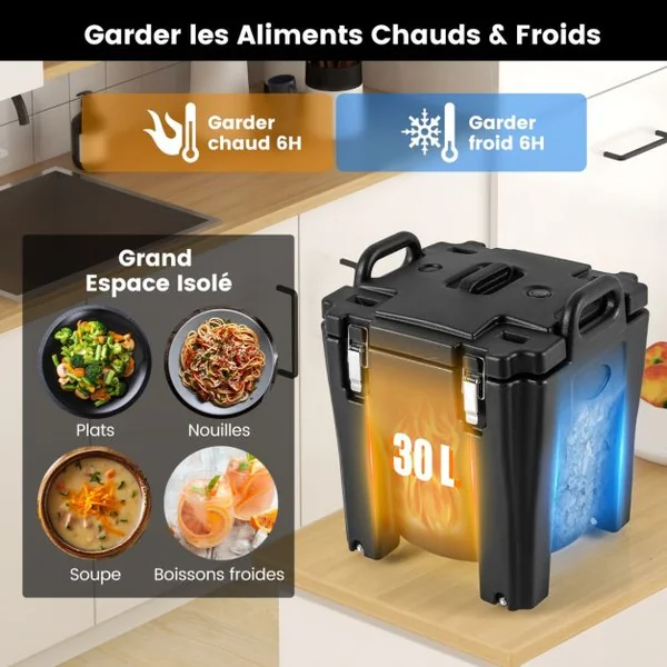 Récipient à Soupe isolé Chauffe-plats Empilable de 30 L Conteneur Isotherme Portable en Acier Inoxydable avec 4 Roues et 2 Freins Noir