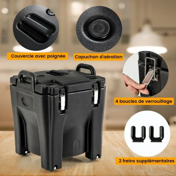 Récipient à Soupe isolé Chauffe-plats Empilable de 30 L Conteneur Isotherme Portable en Acier Inoxydable avec 4 Roues et 2 Freins Noir