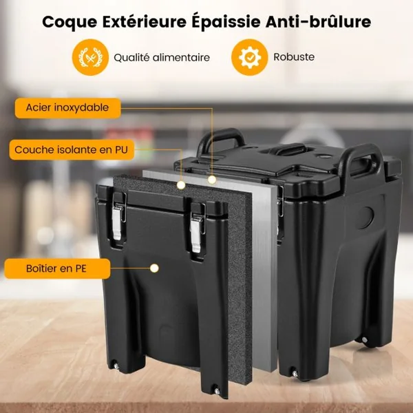 Récipient à Soupe isolé Chauffe-plats Empilable de 30 L Conteneur Isotherme Portable en Acier Inoxydable avec 4 Roues et 2 Freins Noir